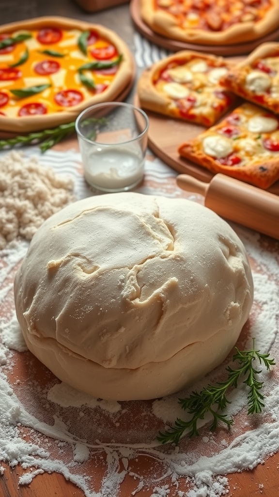 Homemade dough ball on floured surface with baking ingredients and finished pizza and pastries in the background.